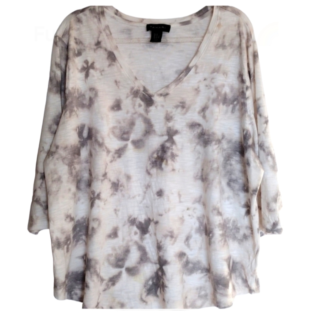 Tahari Top Women 2X Gray White Tie Dye V Neck 3/4 Sleeve Vacation Boho Beach